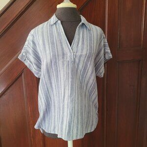 Sigrid Olsen Womens Striped Short Sleeve Button Tab Blouse Blue & White Linen La